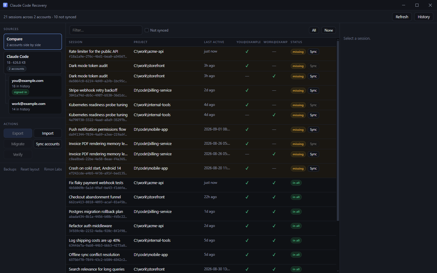 Compare view showing 21 sessions across two accounts, 10 not synced, with a Sync button on each differing row