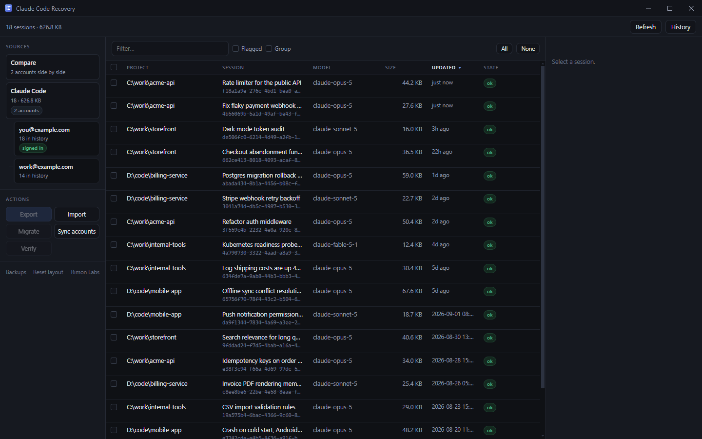 Claude Session Manager showing 18 Claude Code sessions with project, model, size, last activity and an integrity state for each